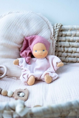 Minischlamperle rosa mit beerefarbener Mütze 22 cm