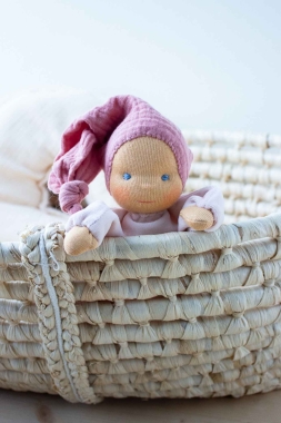 Minischlamperle rosa mit beerefarbener Mütze 22 cm