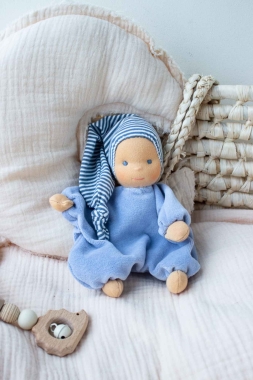 Minischlamperle hellblau mit gestreifter Mütze 22 cm