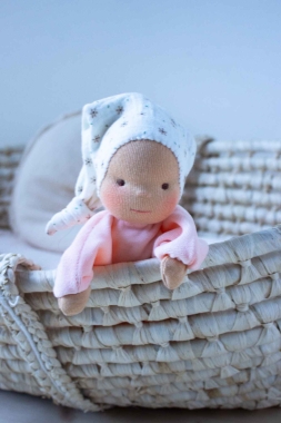 Minischlamperle apricot mit Blümchenmütze 22 cm