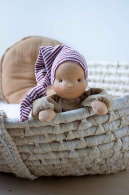 Minischlamperle camel mit cognac gestreifter Mütze 22 cm